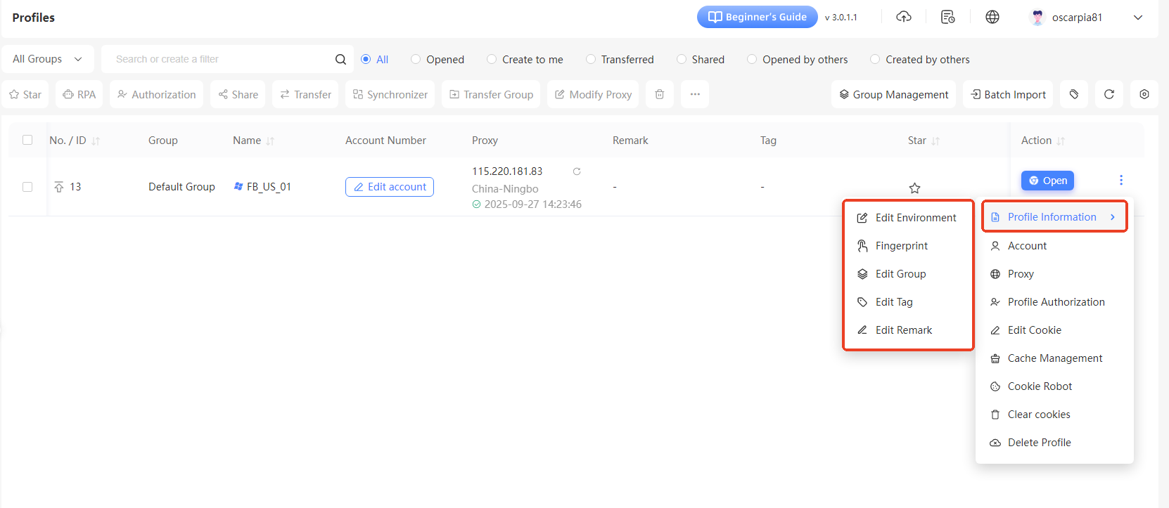 Managing and Editing Created Profiles