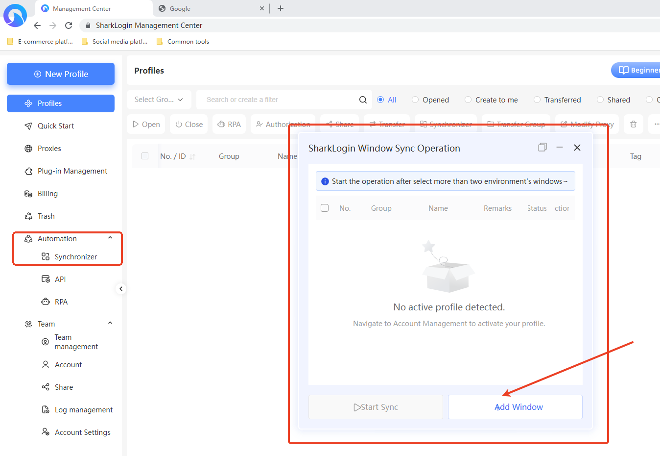 Automation: Window synchronization function